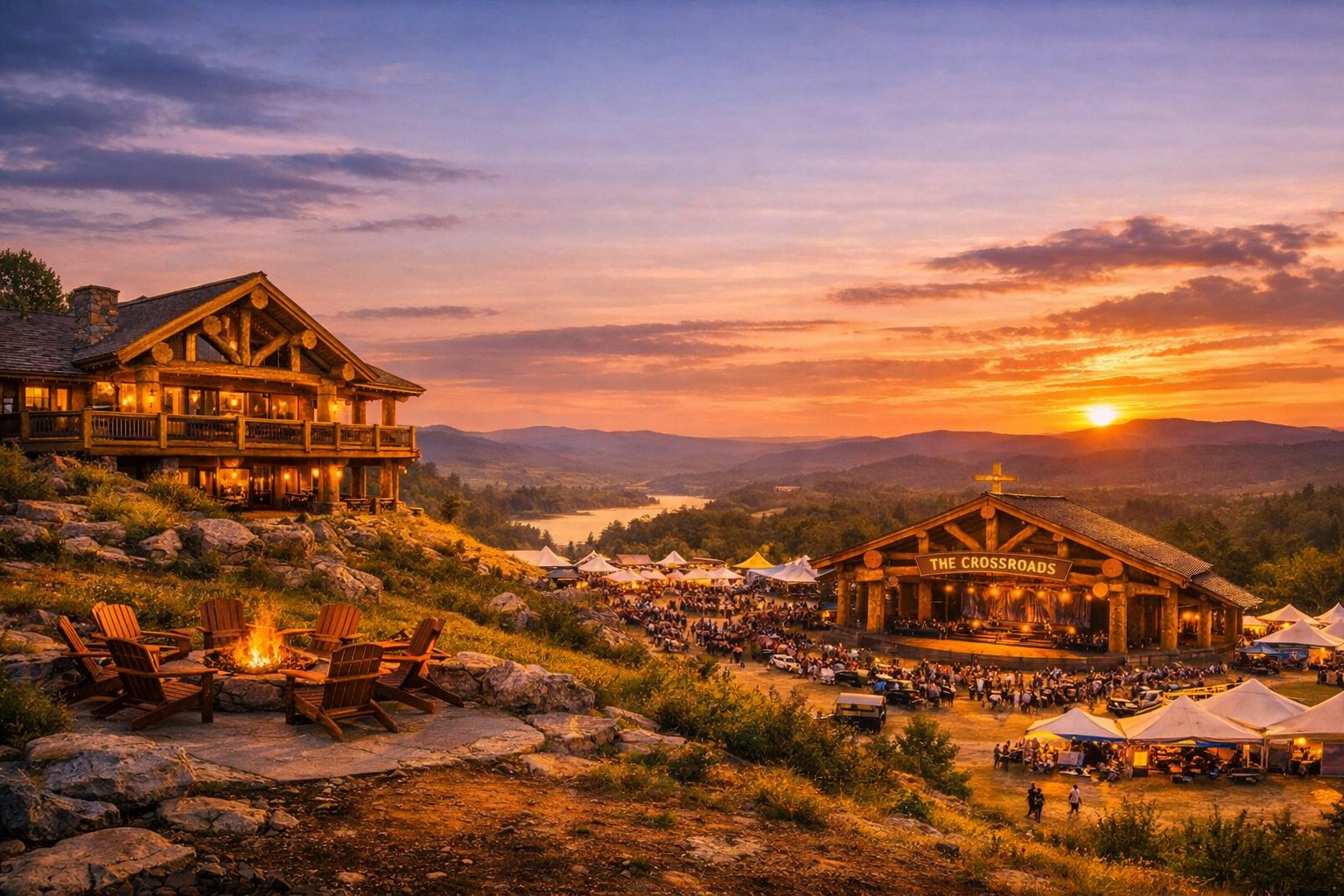 The Crossroads ranch venue at sunset