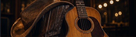 Guitar and hat in warm stage light